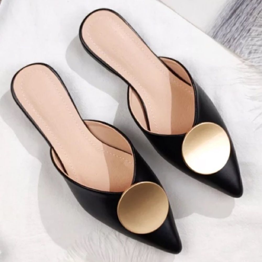 Riveted Black Gold Pointed Toe Flat Mules Shoes